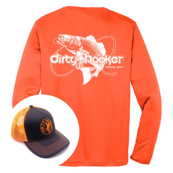 Dirty Hooker COMBO: Orange Dry Fit with Flying Redfish & Charcoal and  Orange Hat