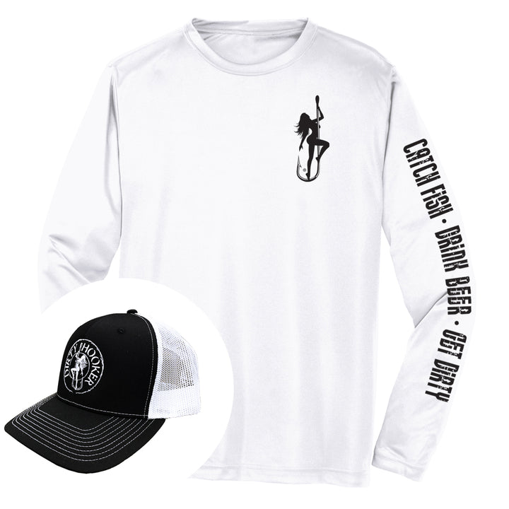 Dirty Hooker COMBO: White Dry Fit with DH Black & Deluxe Black and White Hat